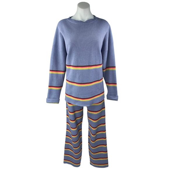Lillusory Blue Striped Knit Long Sleeve Sweater Pants 2 Pc Lounge Set Size S - Picture 2 of 7